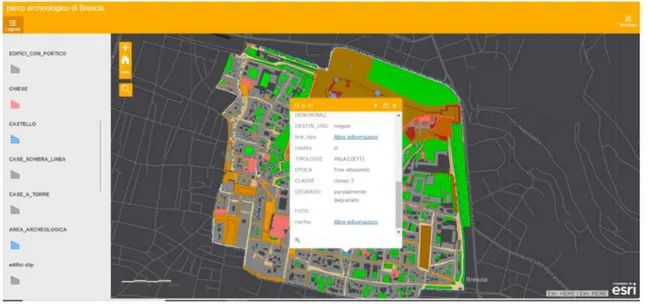 Figure 15. The online map of the Brescia Archaeological Urban Park. Data are linked to the mapped object and are presented through popups.