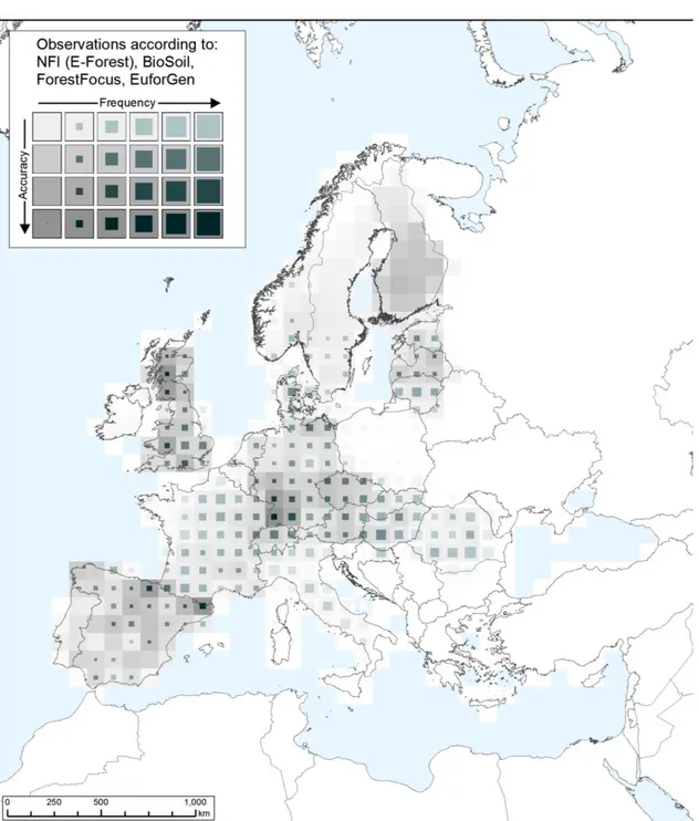 Figure 6:   Observed presence of Ulmus sp. in Europe (spatial blocks of size 125km x 125km) 