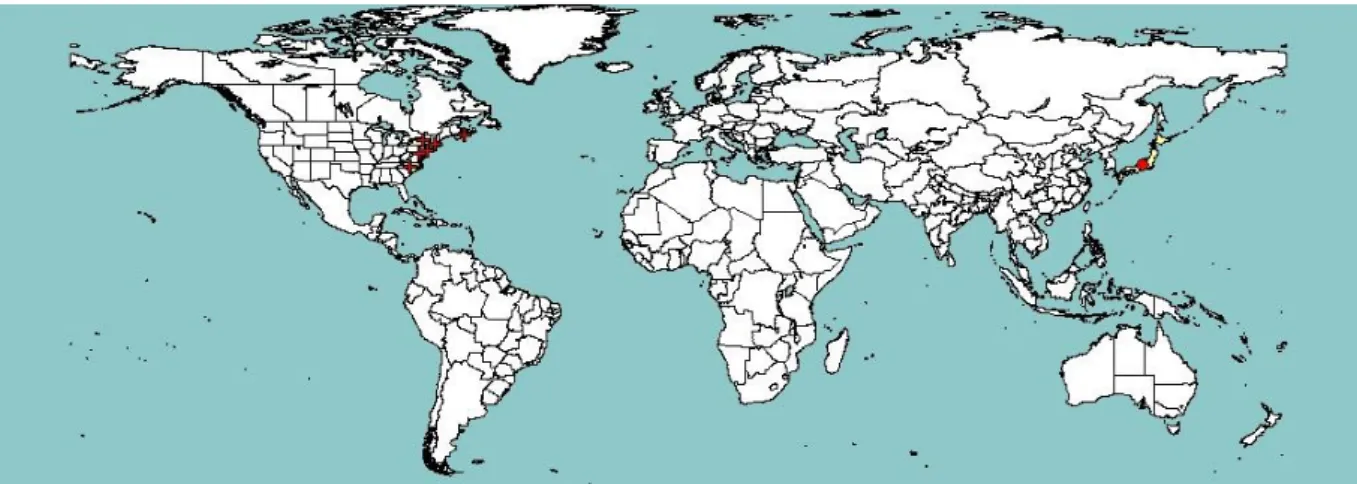 Figure 1:   Global distribution map for Strawberry latent C virus (extracted from EPPO PQR, version  5.3.1, accessed in June 2014)