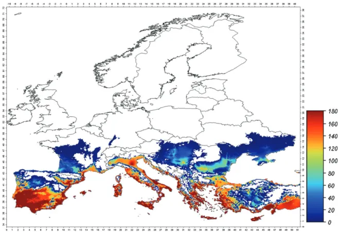 Figure 4. Spatial distribution of the simulated B. tabaci population pressure in Europe, starting from an initial condition of 0.1 individuals plant −1 on 1