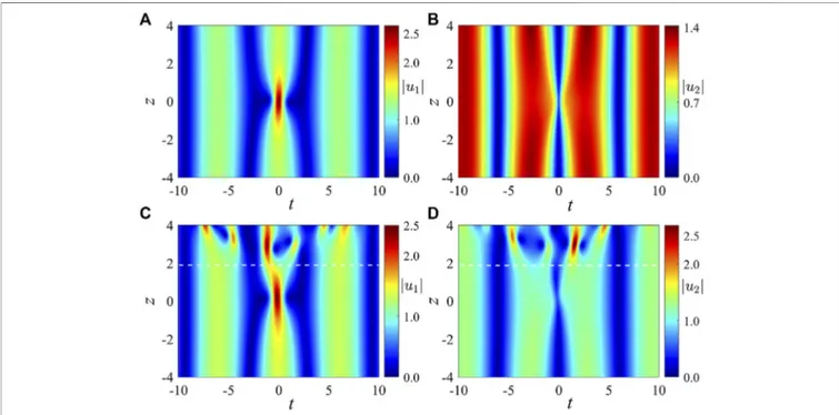 FIGURE 4 | Typical simulations of the periodic Peregrine soliton solutions (Eq. 5) for given parameters σ  1, c  1/4, a 1  8/9, a 2  4 5√ /9, ω 1  −40/81, ω 2  40/81, μ  −4/9, and ]  −40 3√