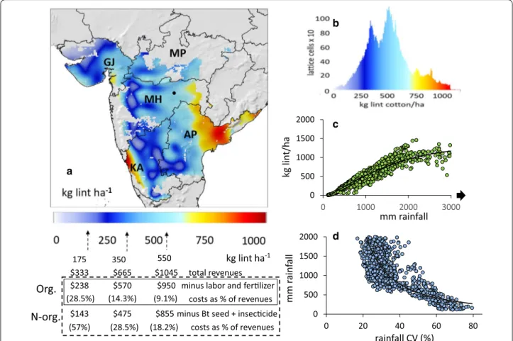 Fig. 6  Bioeconomic summary map of simulated average rainfed cotton yields and a partial budget during 1980–2010 in south central Indian 