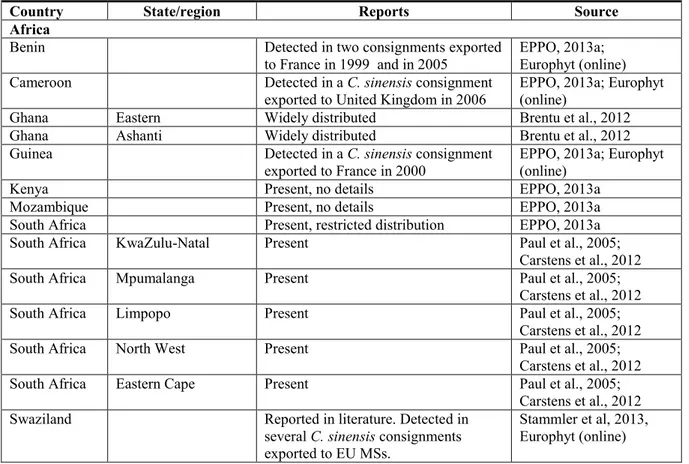 Table 4:  Reports  of  Phyllosticta  citricarpa  from  the  EPPO  PQR  (EPPO,  2013a),  interception  records (Europhyt, online; interceptions on C