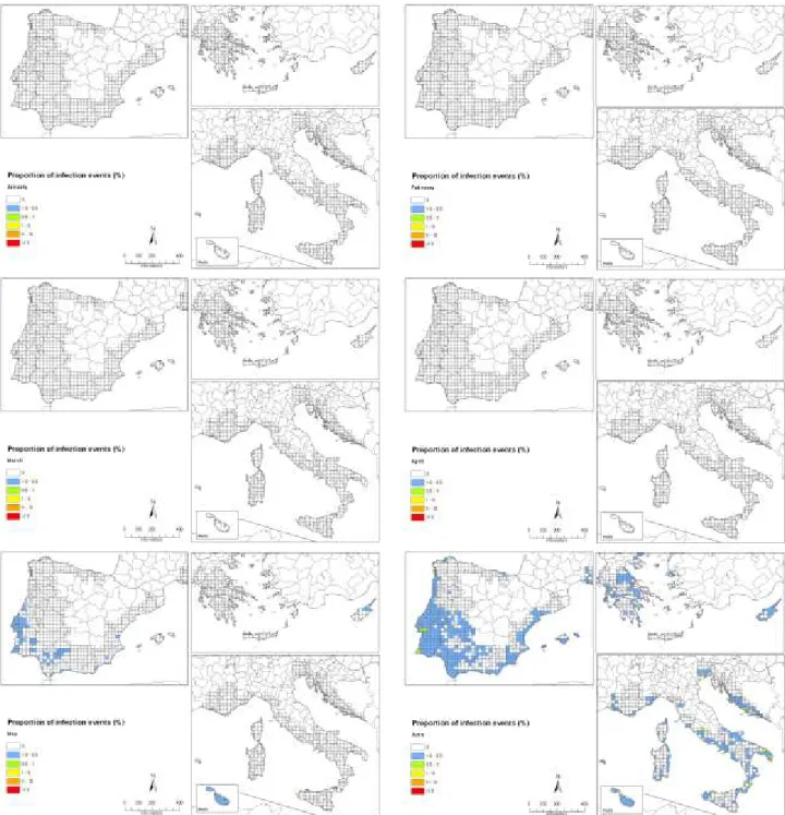 Figure 29:  Percentage  of  hours  with  weather  conditions  suitable  for  successful  infection  events  by 