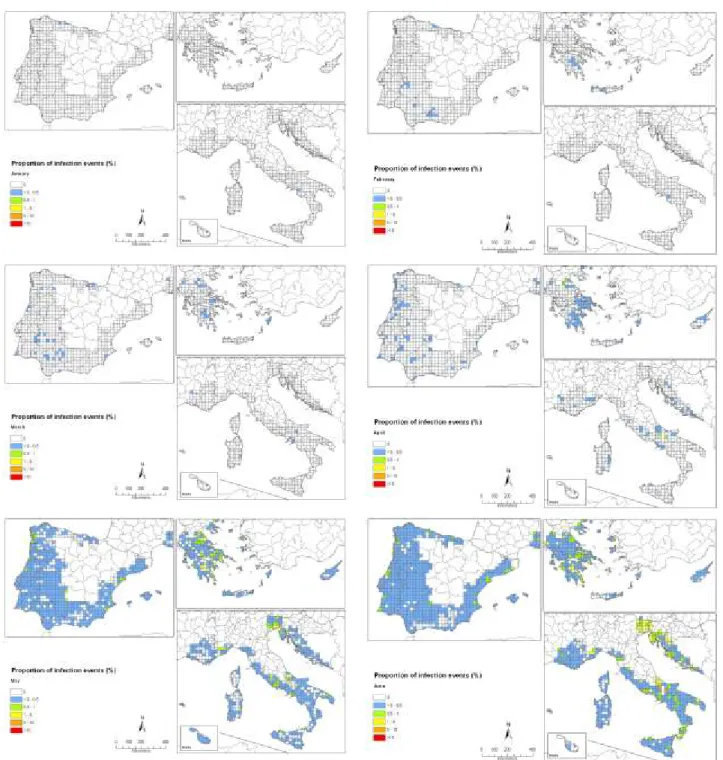 Figure 31:  Percentage  of  hours  with  weather  conditions  suitable  for  successful  infection  events  by 