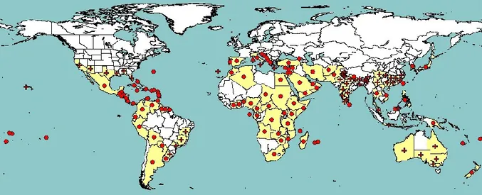 Figure 1:   Global  distribution  map  for  Citrus  tristeza  virus  (extracted  from  EPPO  PQR,  2012,  version 5.3.1, accessed in June 2014)