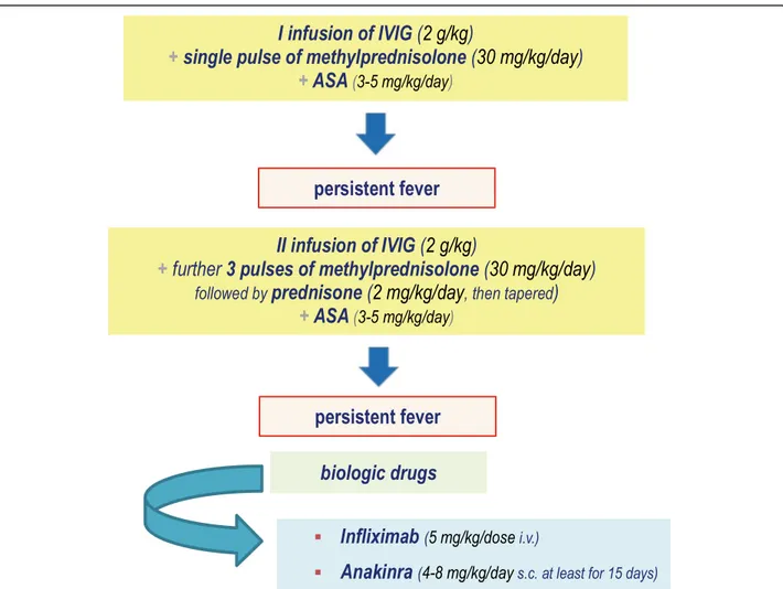 Fig. 2 Treatment of High-Risk patients with KD. (children less than 12 months or children having C-reactive protein higher than 200 mg/l, severe anemia at disease onset, albumin level below 2.5 g/dl, liver disease, overt coronary artery aneurysms, macropha