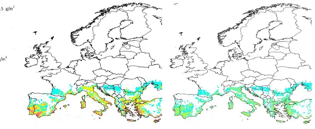 Figure 6:   Distribution of average realised biomass (g/m²) of Pomacea canaliculata juveniles + adults over Europe estimated obtained by multiplying the  potential biomass by the values of the scaling factors (resistance, resilience, management) estimated 
