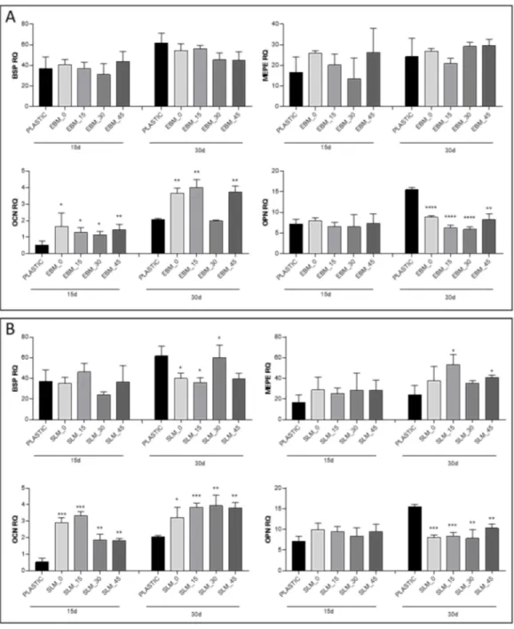 Figure 9. Osteogenic gene expressions of MC3T3-E1 cells cultured in mineralization medium after 15 and 30 days on EBM (A) and SLM (B) titanium scaffolds