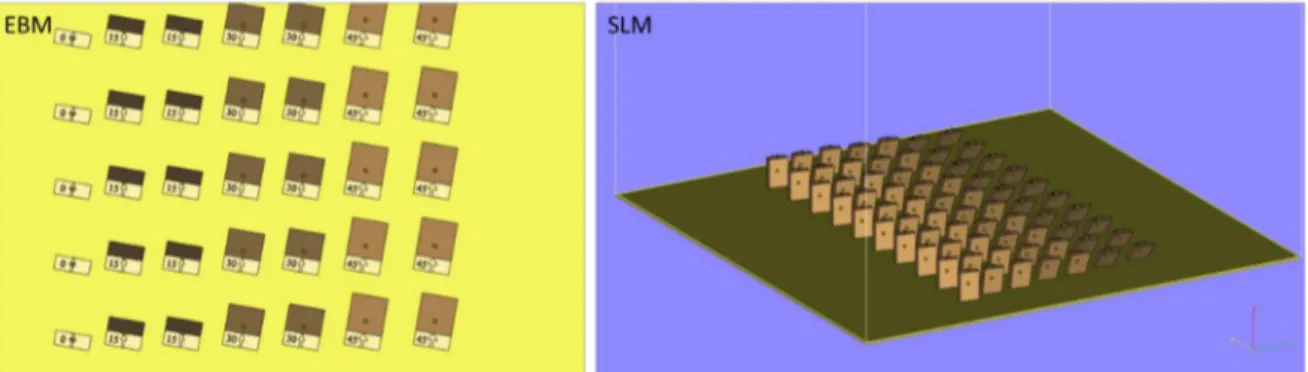 Figure 1. Building orientation and positioning of the Electron Beam Melting (EBM) and Selective Laser Melting (SLM) samples on the printer plate.