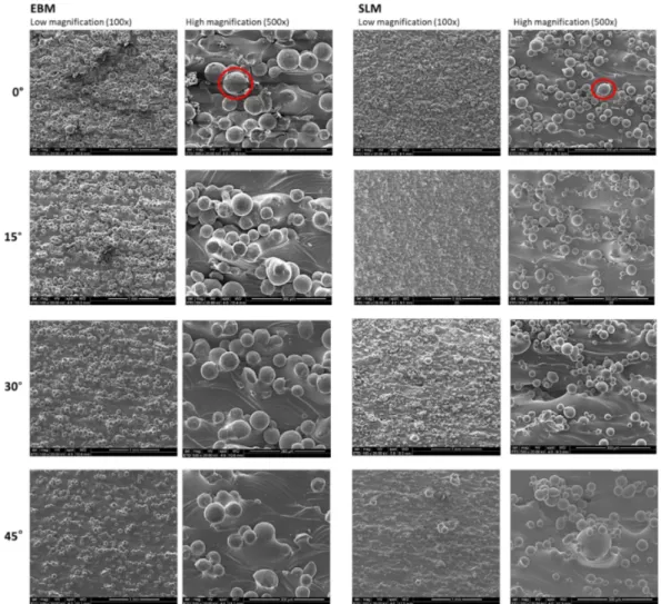 Figure 2. Micrographs illustrating the topography of the as-built surfaces of Ti6Al4V parts manufactured by EBM and SLM at 0 ◦ , 15 ◦ , 30 ◦ , and 45 ◦ 