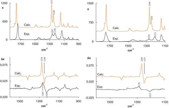 Fig. 3. Experimental and calculated IR (top panel) and VCD (bottom panel) spectra of R-ML in CCl 4 (left panel) and in DMSO (right panel), as calculated by DFT methodology