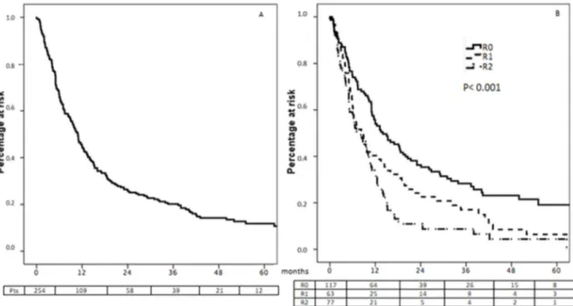 Figure 1. Overall survival in the total population (A) and according to the curativity of surgical  resection (B)