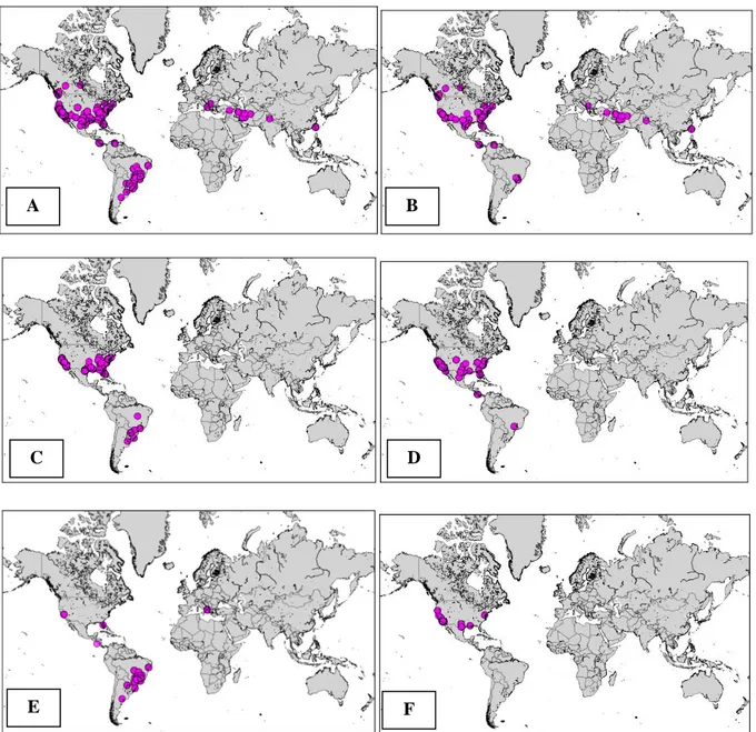 Figure 1:   Worldwide distribution of Xylella fastidiosa.  (A) all Xylella fastidiosa  subspecies and 