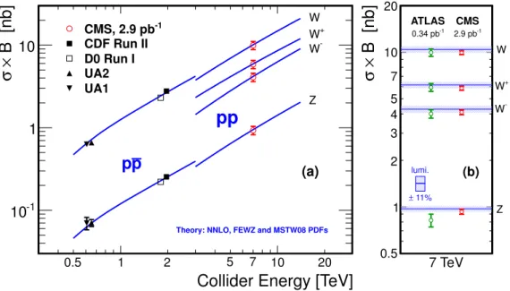 Figure 8. (a) Measurements of inclusive W and Z production cross sections times branching ratio as a function of center-of-mass energy for CMS and experiments at lower-energy colliders