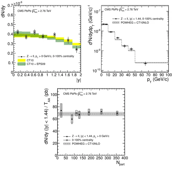 Figure 6. The measured Z → ℓ + ℓ − yields per MB event in PbPb collisions, shown for the combined