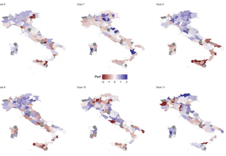 Figure A3. Map visualization of municipality’s performance for each dimension considered (Goal 6 to Goal 11). For visualization issues provinces are displayed as proxy 