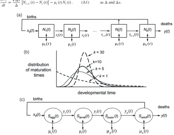 Figure A1 A distributed maturation time model. (a) The general model across all life stages, (b) the stylized distribution of cohort maturation times given different values of the Erlang parameter k and (c) the general model with the dynamics of Fig