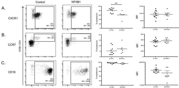 Fig. 4. Expression of CXCR1, CCR7, CD16 on NFKBI mutated human NK cells. A. Representative expression of CXCR1 on CD56 +