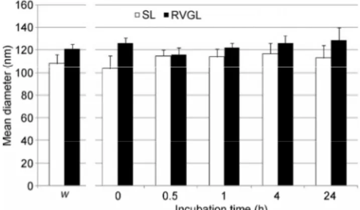 Figure 3  Vesicle stability in serum. The histogram represents  the mean diameter of SL (white bars) or RVGL (black bars) after  0, 0.5, 1, 4, or 24 h incubation in 10% FBS