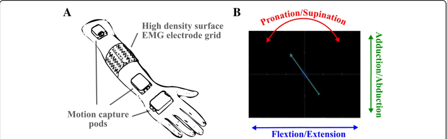 Fig. 1 The experimental setup (a) and the visual cue provided to the subjects (b). Both the high-density EMG electrodes and the motion capture equipment were fixed with elastic bands to prevent displacements