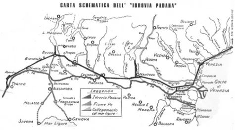 Fig. 1: Schema dell’idrovia Locarno-Venezia (1948), fonte: ASCBs, b. 610 (per gentile con- con-cessione della Camera di Commercio di Brescia)