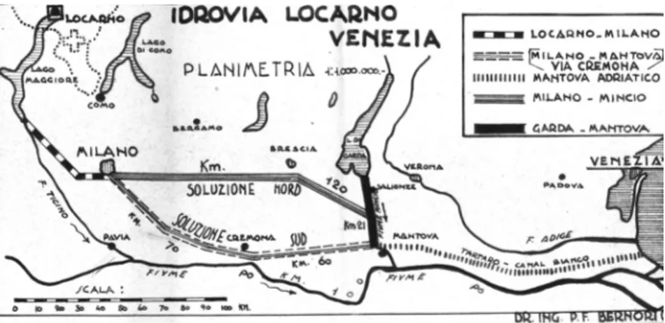 Fig. 2: Variante pedemontana sostenuta dal Consorzio Ticino-Mincio (Progetto Bernori del  1951), fonte: ASCBs, b