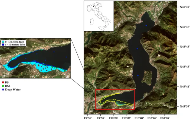 Figure 1. Lake Iseo as observed in a Sentinel-2 image (17 May 2017) displayed as true color: the red 