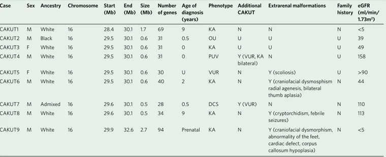 Table 3 | Clinical characteristics of CAKuT cases affected by the heterozygous 16p11.2 microdeletion