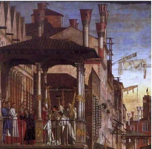Figura 10. Vittore Carpaccio, Miracolo della reliquia della Croce a Rialto, 1496 ca., particolare dei camini  a campana rovescia