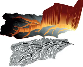 Fig. 2  -  The cumulative EPM sedimentogram, computed in a distrib- distrib-uted  fashion  along  the  drainage  network,  is  represented  on  the DTM and then superimposed to the Space Filling  Drain-age Network (SFDN; thin solid lines) and Channel Netwo