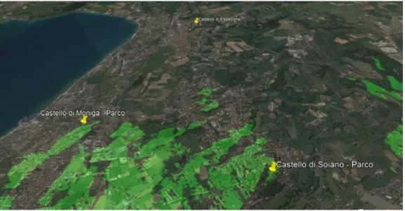 Fig. 5 - area di visibilità dal castello-re- castello-re-cetto di Soiano del Lago. Elaborazione  propria con Google Earth Pro.