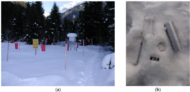 Figure 4. (a) S. Caterina Valfurva manual monitoring site; and (b) instruments for the direct manual  measurement of snow water equivalent: snow sampler and dynamometer