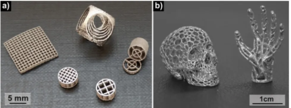 Fig. 7. Bulk metallic glass structures fabricated by L-PBF in a) Zr 52.5 Cu 17.9 Ni 14.6 Al 10 Ti 5 and b) Ti 47 Cu 38 Zr 7.5 Fe 2.5 Sn 2 Si 1 Ag 2 [149,151].