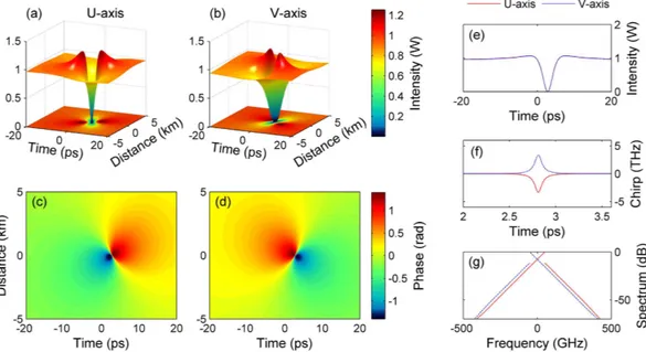Figure 2.  ODRW solution of the vector NLSE in the normal dispersion regime. (a,b) 3D and contour plots 