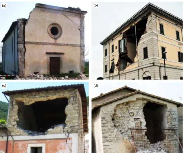 Figure 1. Damage due to out-of-plane seismic loads on masonry buildings: (a) detachment of the façade and (b) collapse  by bending in unreinforced masonry walls, (c) failure by bending in the presence of steel tie-bars and (d) reinforced 