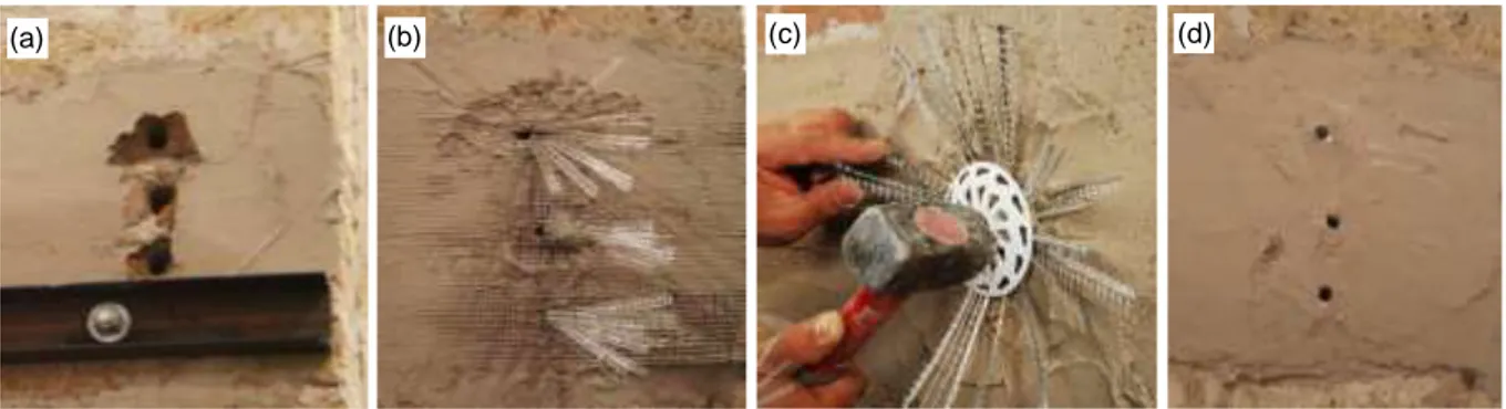 Figure 7. Installation of the steel connectors on the façade: (a) drilled holes through the wall and the horizontal SRG  strip, (b) unfolding of the connectors, (c) installation of the wedges, and (d) mortar finishing prior to injecting