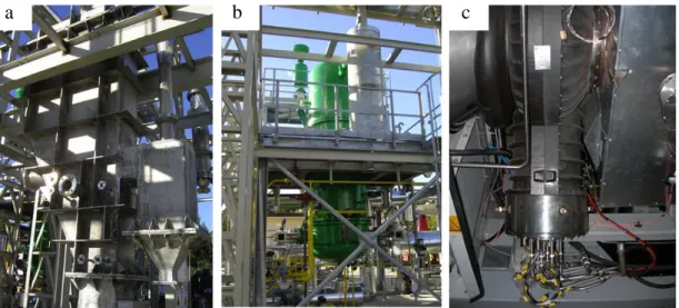 Fig. 3.  (a) Fluidised bed gasifier; (b) Carbonator; (c) Turbec T100 micro-turbine with the modified  burner