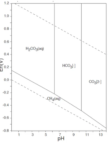 Figura 1 – Diagramma potenziale-pH per il carbonio in soluzione acquosa (Atlas of Eh-pH Diagrams,  Geological Survey of Japan Open file Report n
