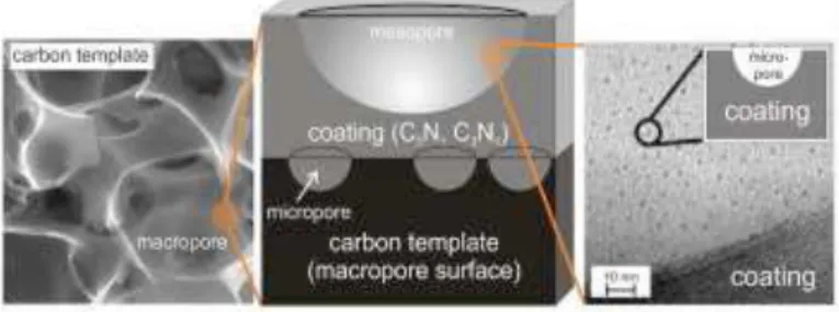 Fig. 1:  Electron micrographs of the carbon template,   the micropores and the coating of N-doped graphene 