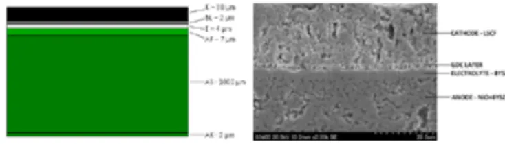 Fig. 1. Thickness of the interlayers of the analysed AS-SOFC (left) and its  microstructure (right) [1] 