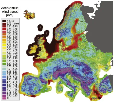 Figure 2: Annual European onshore and offshore mean wind speeds at an 80 m height   (AWS Truepower: https://aws-dewi.ul.com/knowledge-center/maps/) 