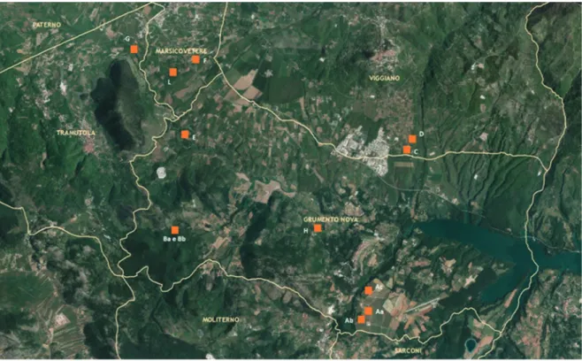 Figure 1. Locations of sampled farms: Val d’Agri (Basilicata, Italy). Modified from AGEA 2011