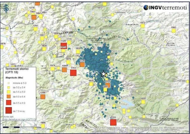 Figura 1. Sismicità storica e primi aftershocks nell’area interessata dall’evento del 24 Agosto 2016  fonte: INGV