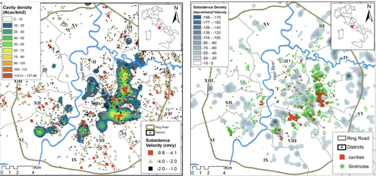Figure 2 – On the left: Volcanic terrain of Rome - PSI InSar Subsidence points distribution on the cavities density map; on the right:  comparison between subsidence density map and sinkholes - cavities distribution