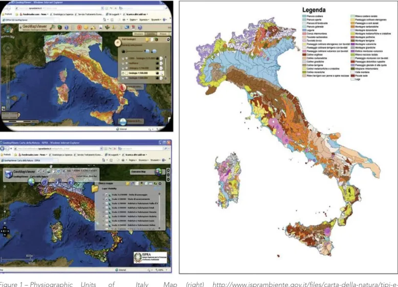 Figure 1 – Physiographic   Units   of   Italy   Map  (right)  http://www.isprambiente.gov.it/files/carta-della-natura/tipi-e- http://www.isprambiente.gov.it/files/carta-della-natura/tipi-e-unita-fisiografiche.jpg) from geological map (in the upper left) an
