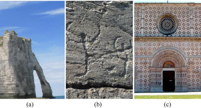 Figure 1. Terminology in stone decay research; (a) rock (chalk cliffs, Étretat, France); (b) cultural rock 