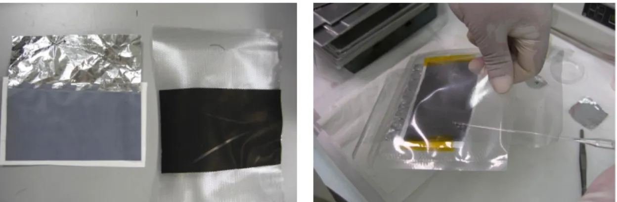 Figura 35. a) Immagini dell’elettrodo anodico (a sinistra in grigio) e di quello catodico (a destra colorato in nero) montati  rispettivamente su un foglio e sui una rete di alluminio; b) Elettrodi accoppiati inseriti in un contenitore plastico 