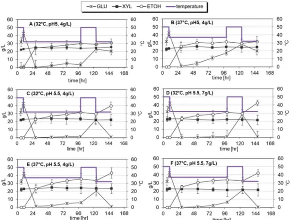 Figure  4.  Hybrid  simultaneous  saccharification  and  fermentation  tests  (SSF)  of  Arundo  donax  at  different conditions of temperature, pH and yeast dosage (g/L)