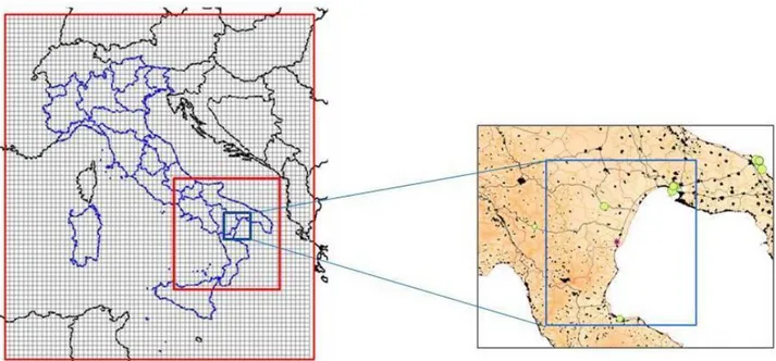Figure 1. National domain and south of Italy sub-domain commonly used for AMS-MINNI simulations (left) and high  resolution domain for Trisaia simulation (right)